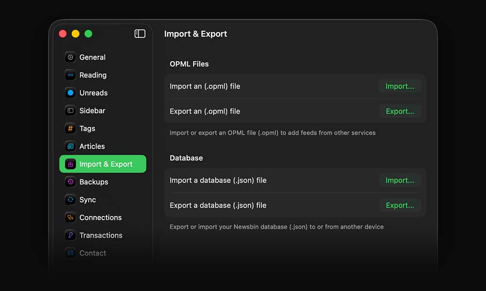 Newsbin showing import and export options
