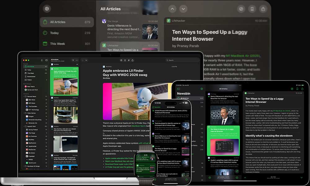 Newsbin running on iPhone, iPad, Mac and Apple Watch, showing the same article on each.