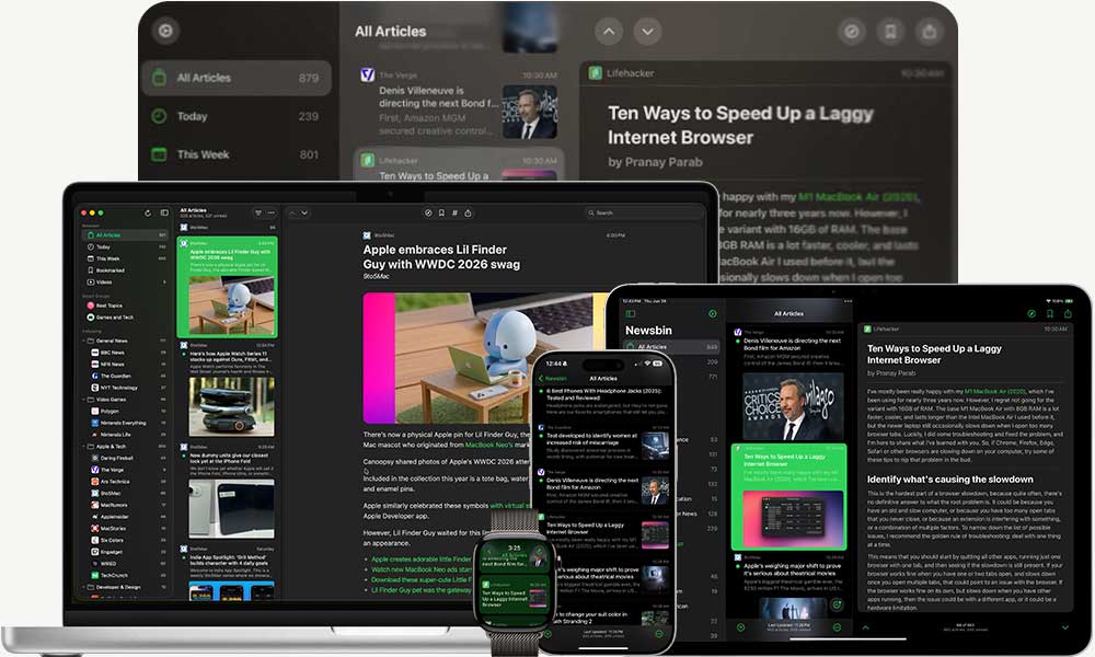 Newsbin running on iPhone, iPad, Mac and Apple Watch, showing the same article on each.