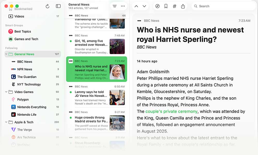 Newsbin showing reading options