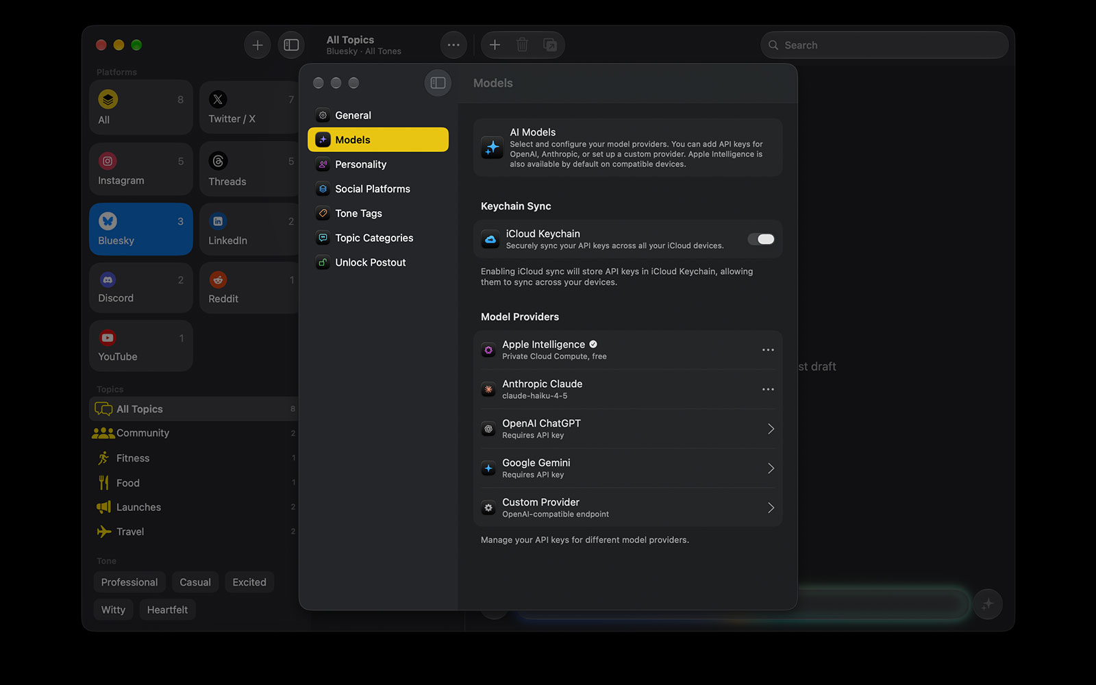 Postout's Models settings: Apple Intelligence, Claude, OpenAI, Gemini, and a custom provider