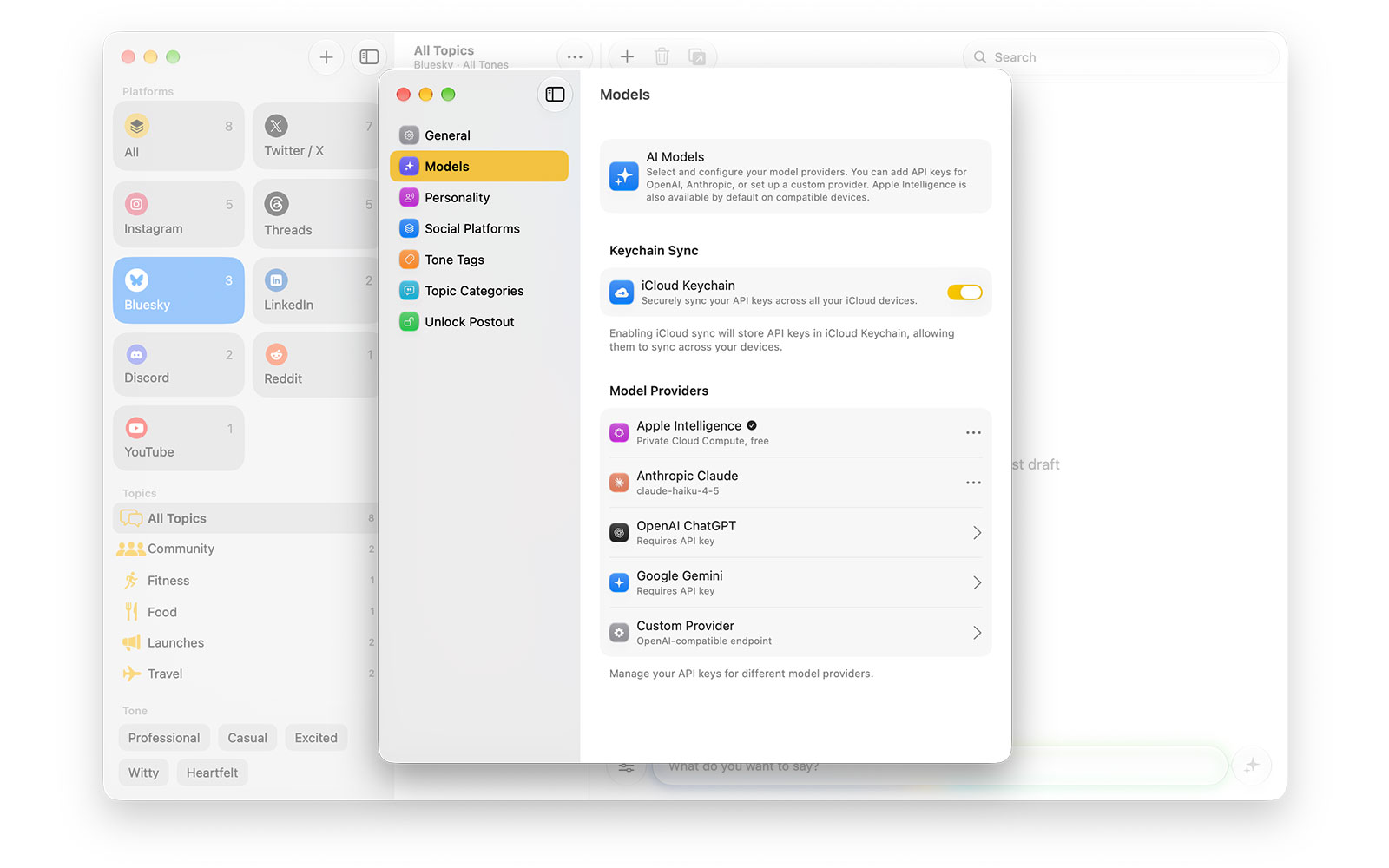 Postout's Models settings: Apple Intelligence, Claude, OpenAI, Gemini, and a custom provider