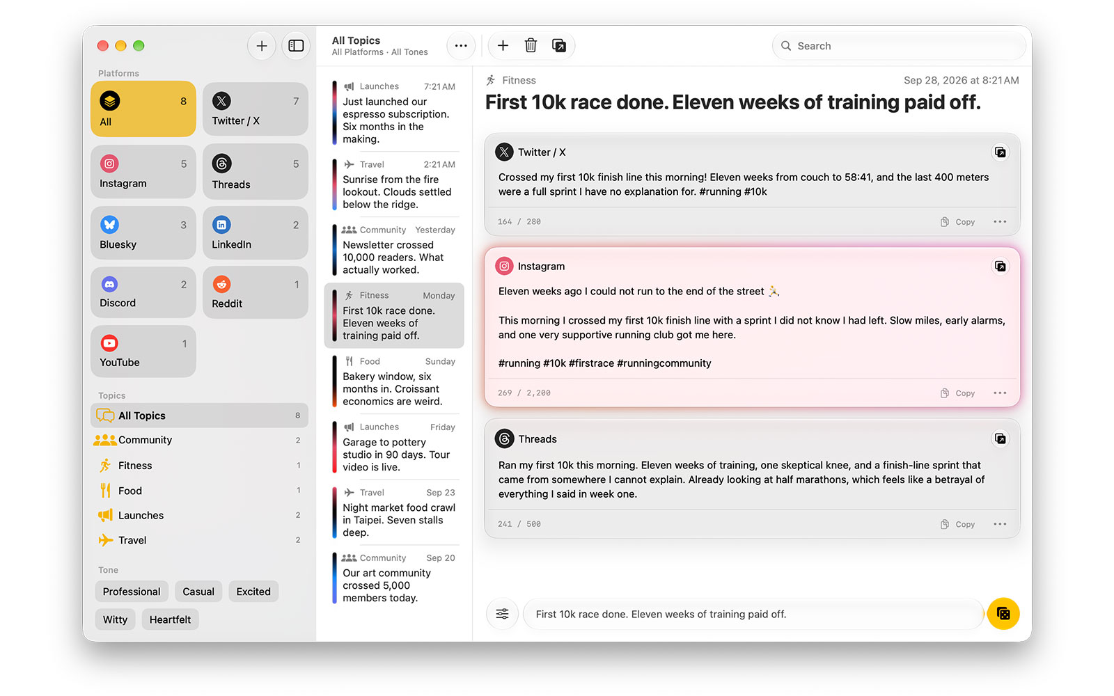 Postout on the Mac: one idea on the bottom, drafts for X, Instagram, and Threads above it