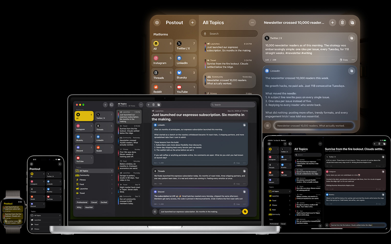 Postout on iPhone, iPad, Mac, Apple Watch and Apple Vision Pro